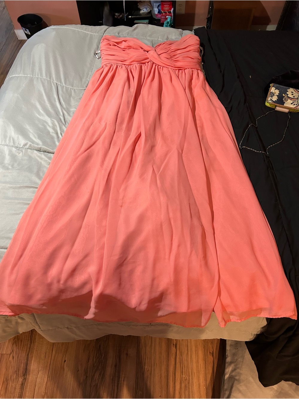 Strapless Coral Pink Chiffon Prom Gown
